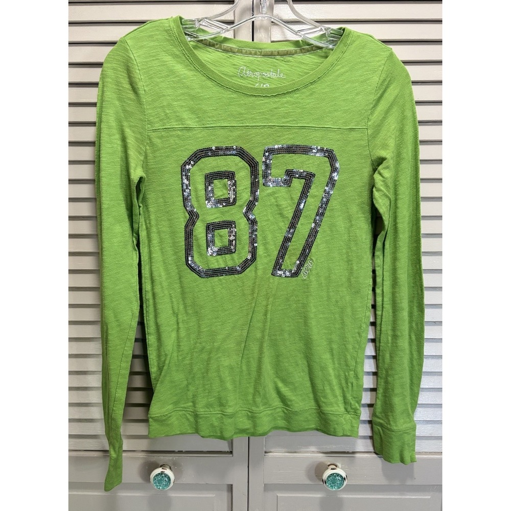 Aeropostale Lime Green V Neck Sequins Long Sleeve Top Size Small Lightweight